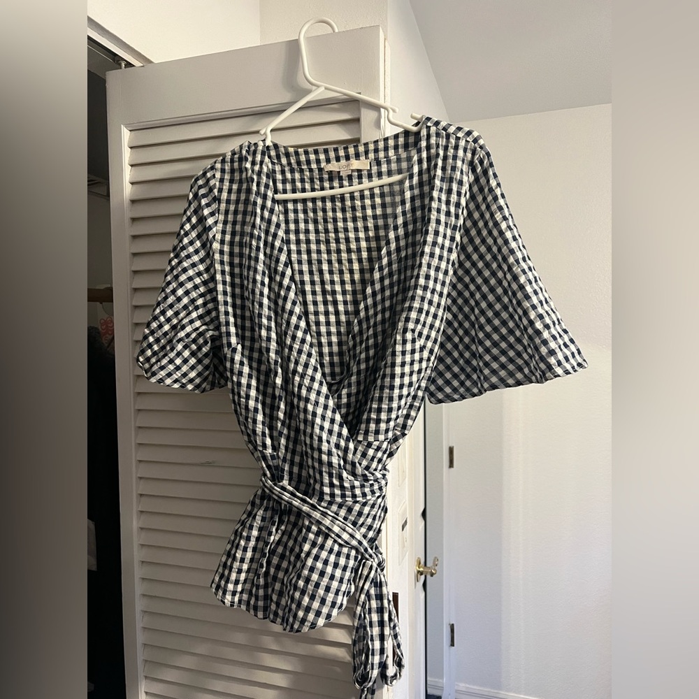 Navy and white gingham wrap top, Loft